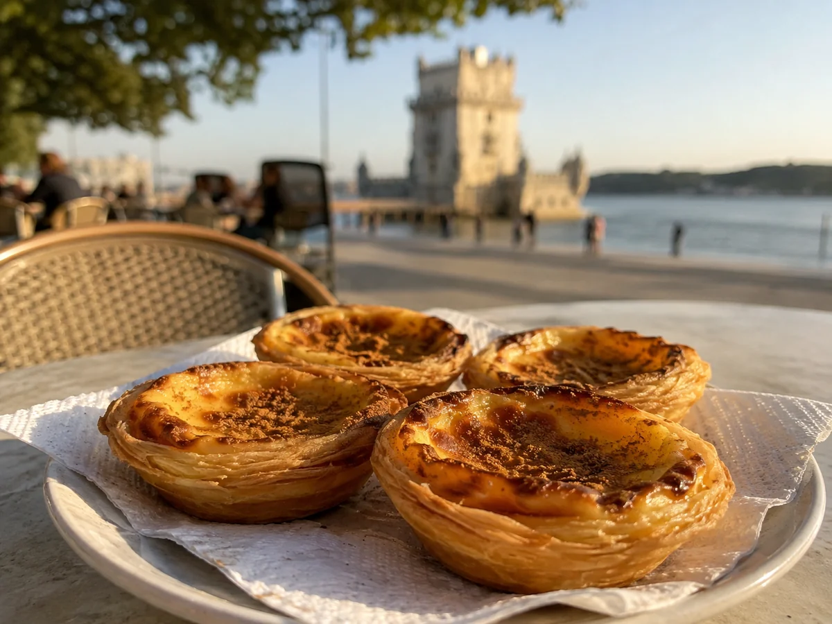 Illustration de pastéis de nata sur une table de café, avec la tour de Belém floue à l'arrière-plan